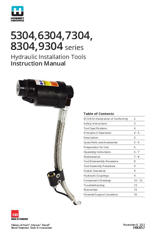 5304, 6304, 7304, 8304, 9304 Hydraulic Installation Tools - HK457 - English Instruction Manual