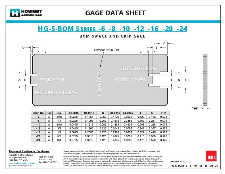 HG-S-BOM Series All (-6, -18, -10, -12, -16, -20, -24) BOM Swage and Grip Gage - Gage Data Sheet
