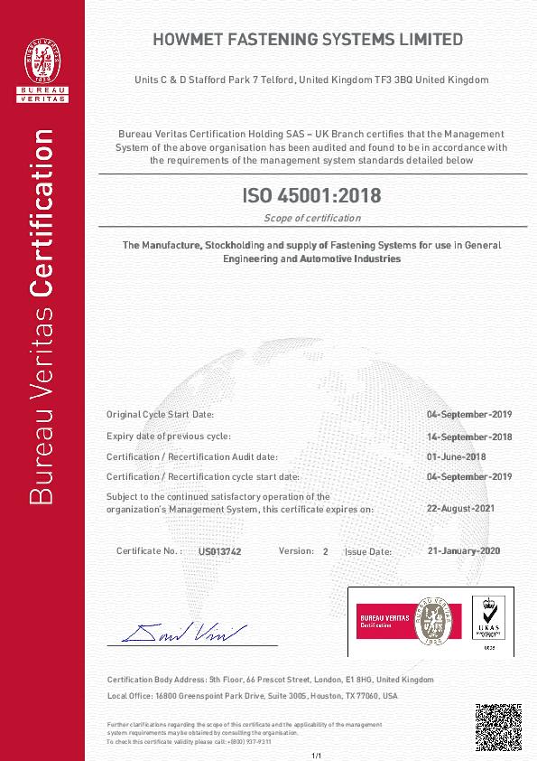 Howmet Fastening Systems OHSAS 18001 : 2007 Certificate