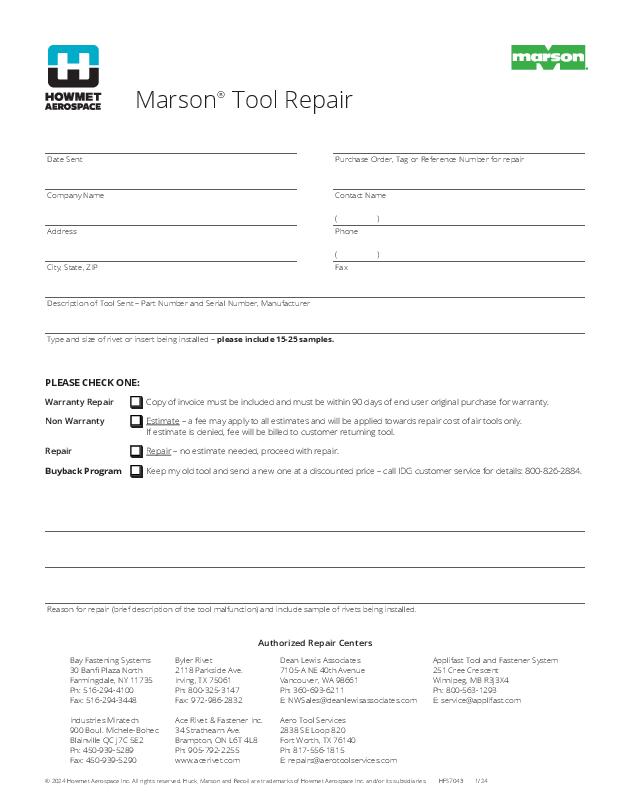 HOWMET TOOL REPAIR FORM (HFS7043)