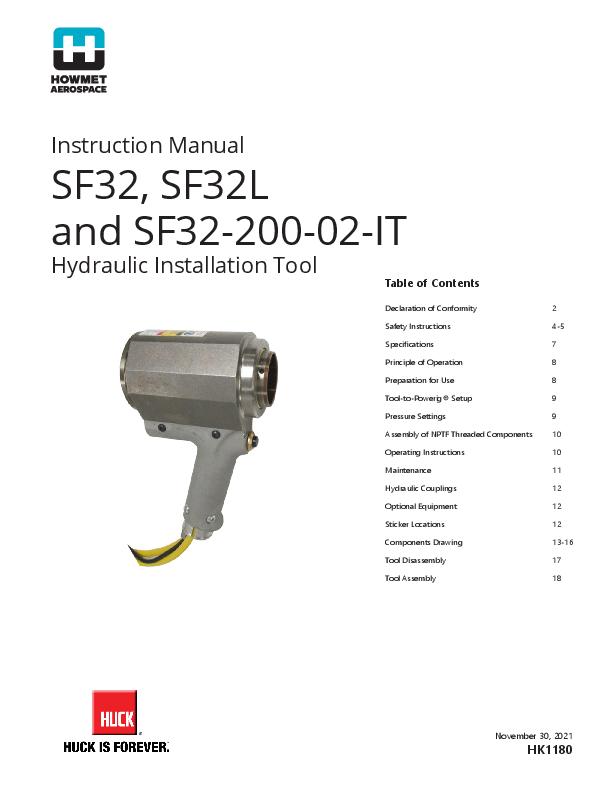 SF32, SF32L and SF32-200-02-IT Hydraulic Installation Tool Series - User Instruction Manual - HK1180