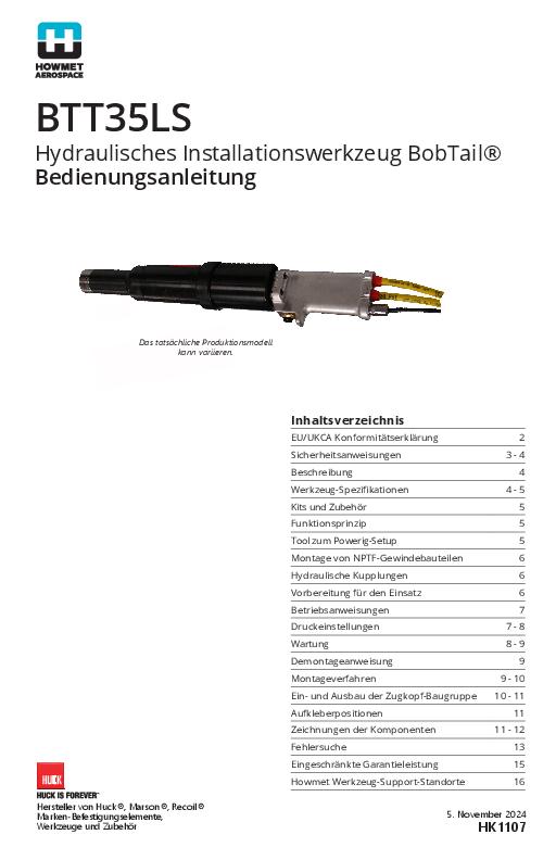 BTT35LS Hydraulisches Installationswerkzeug BobTail® Bedienungsanleitung - Instruction Manual - HK1107 - German/Deutsch Language