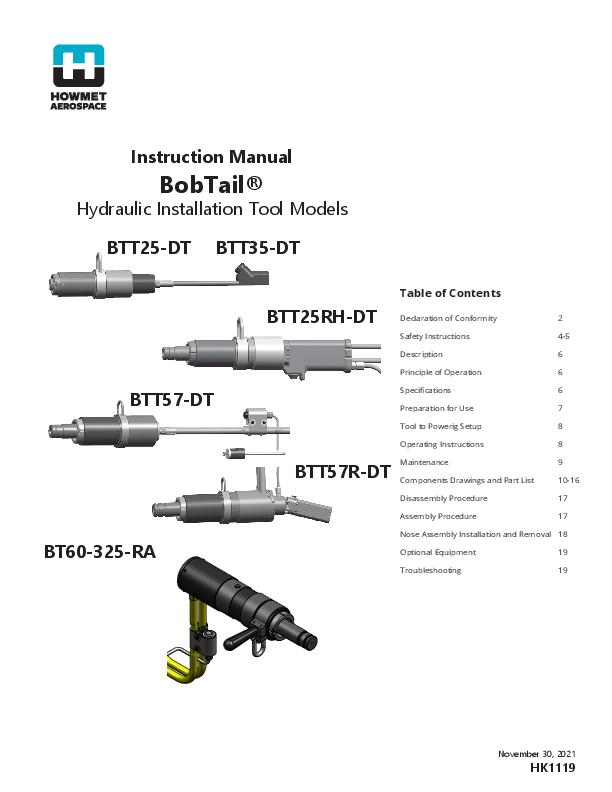 BTT25-DT, BTT35-DT, BT120-400-12-SH, BTT57-DT, BTT25RH-DT, BTT57RH-DT, BTT35R-DT, BTT57R-DT, BT60-325-12-SH Hydraulic Installation Tool Models - Instruction Manual - HK1119