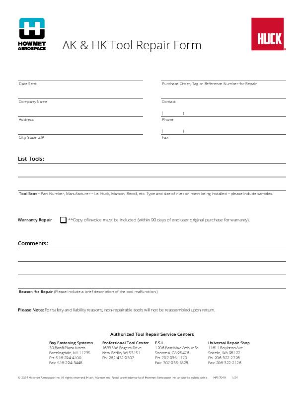 AK-HK Tool repair form (HFS7049)