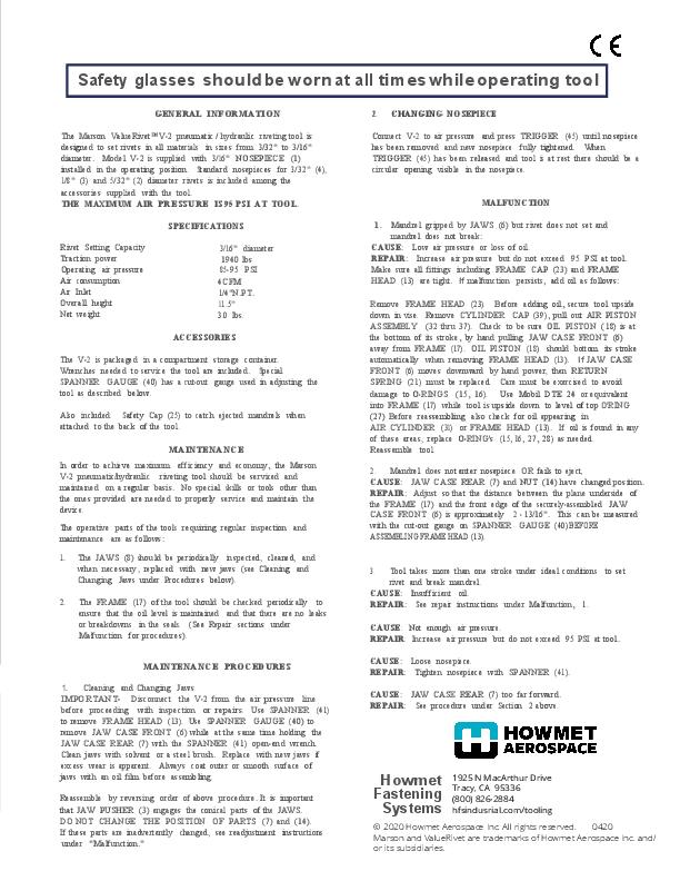 Howmet V-2 Instruction Sheet