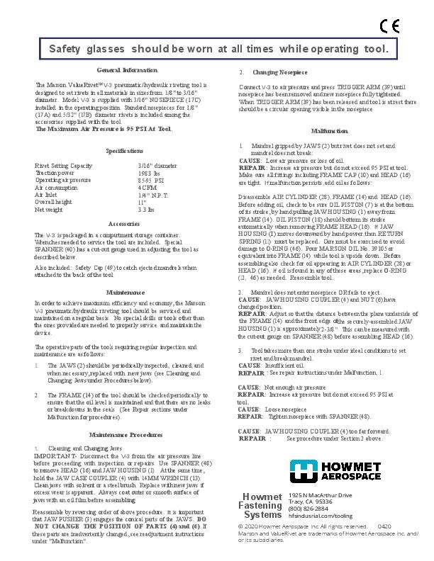 Howmet V-3 Instruction Sheet