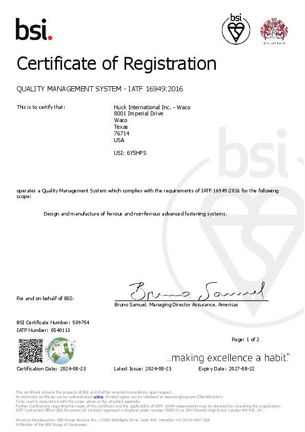 Certificate of Registration / IATF 16949:2016