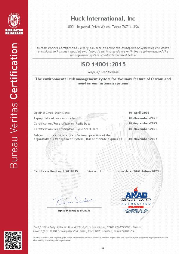 Certificate of Registration / ISO 14001:2015